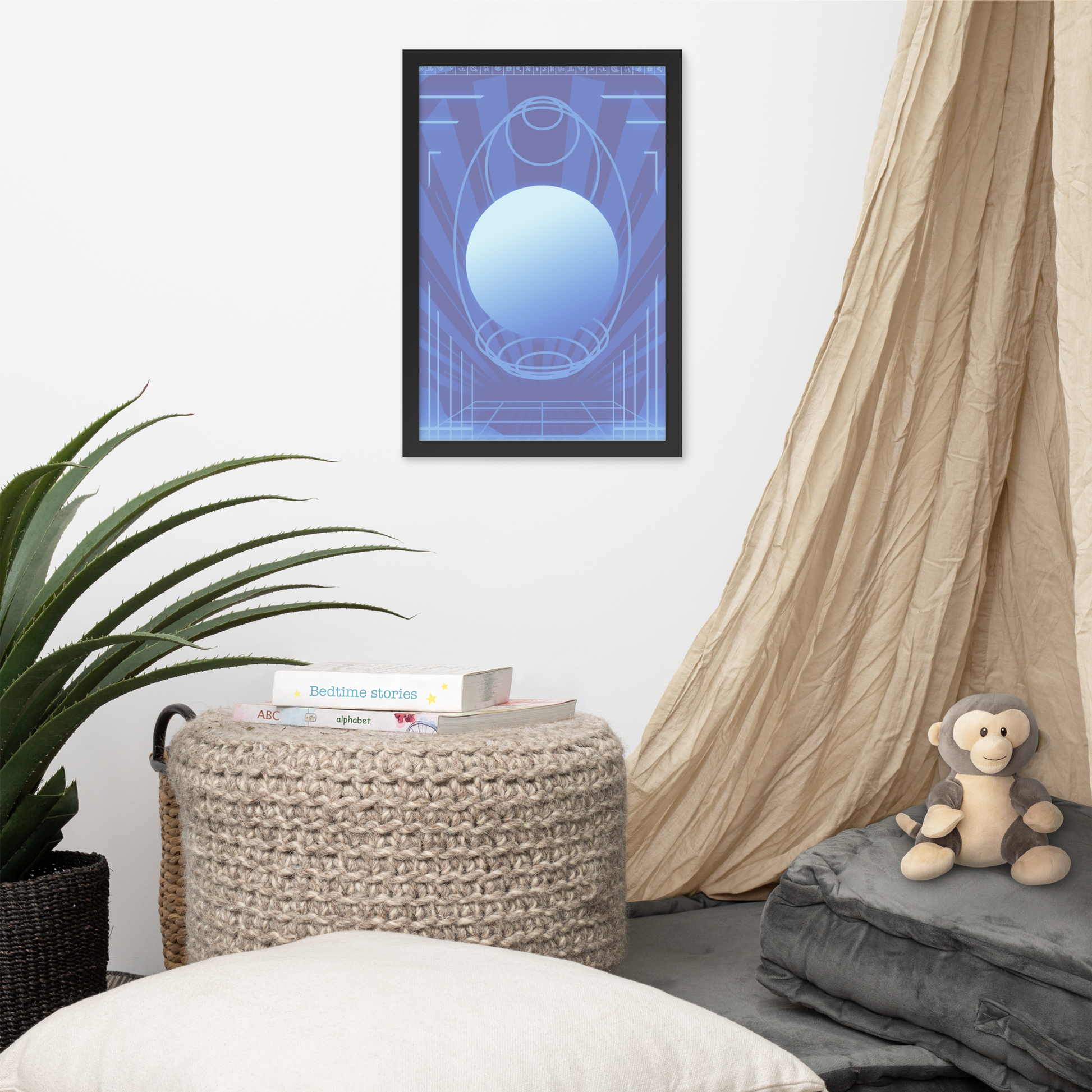 12x18 blue poster with retro scifi design on a white wall by a hanging bedsheet, childs monkey toy, basket, and pillows