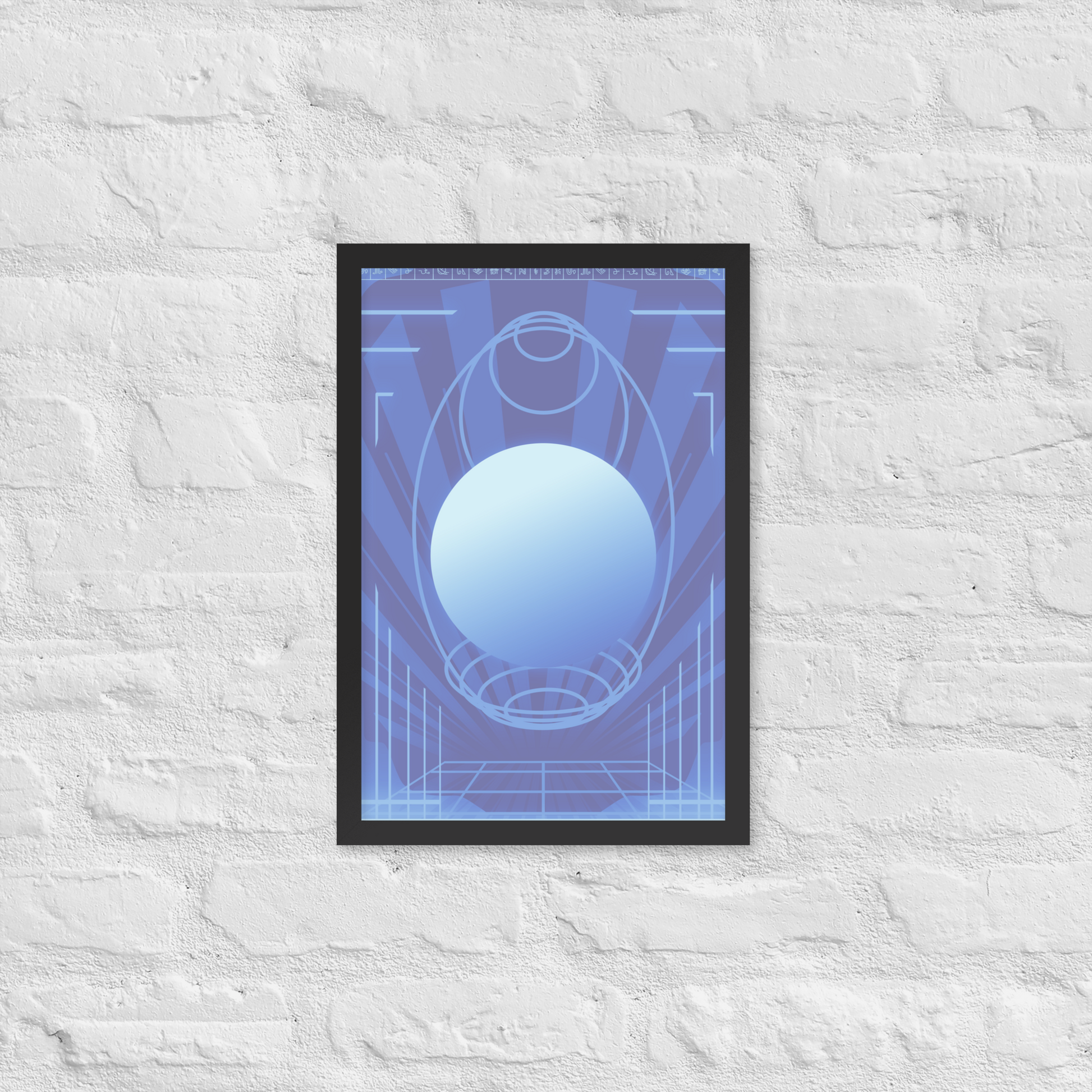 12x18 blue poster with retro scifi design hanging on a white brick wall