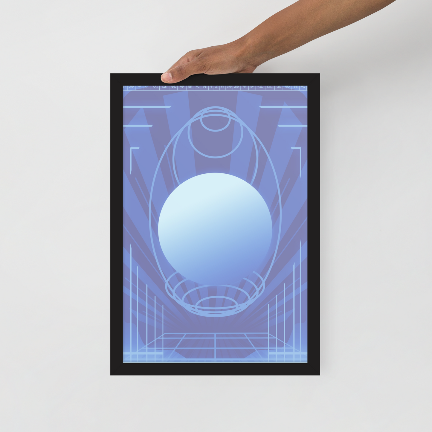 12x18 blue poster with retro scifi design being held by hand on a white background