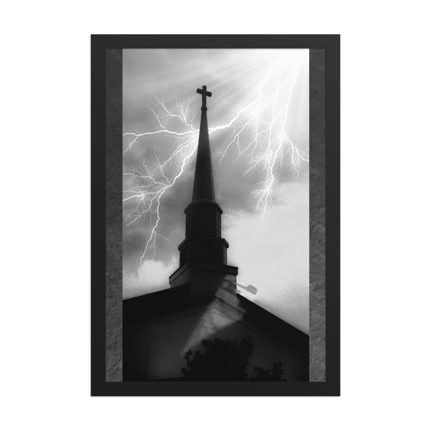 12x18 poster of a shadowy church in front of a lightning strike in grainy black and white heavy metal style