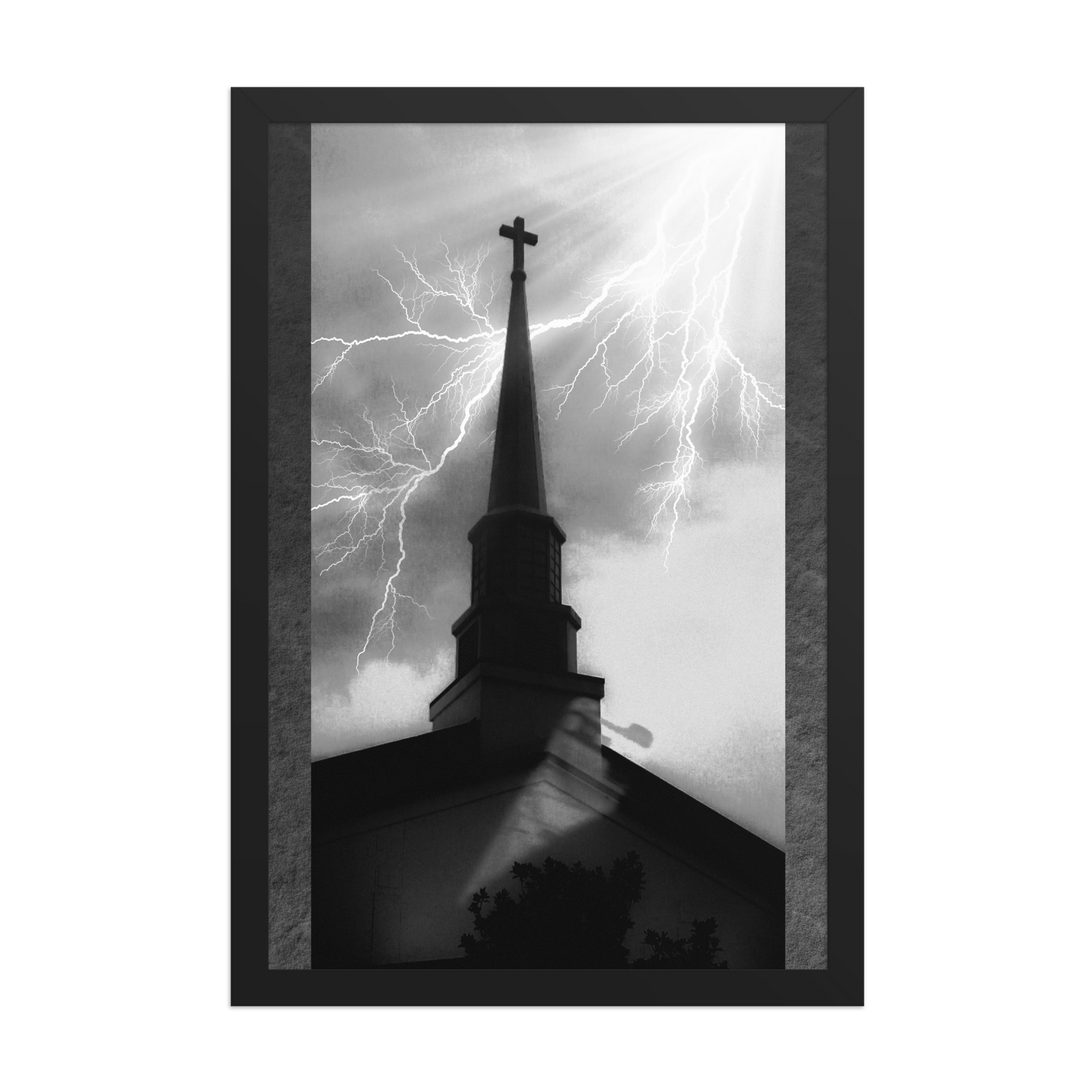 12x18 poster of a shadowy church in front of a lightning strike in grainy black and white heavy metal style