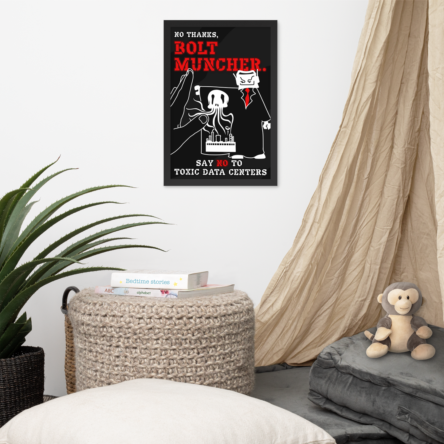 A framed wall poster with a black background, red and white text reading 'NO THANKS. BOLT MUNCHER.