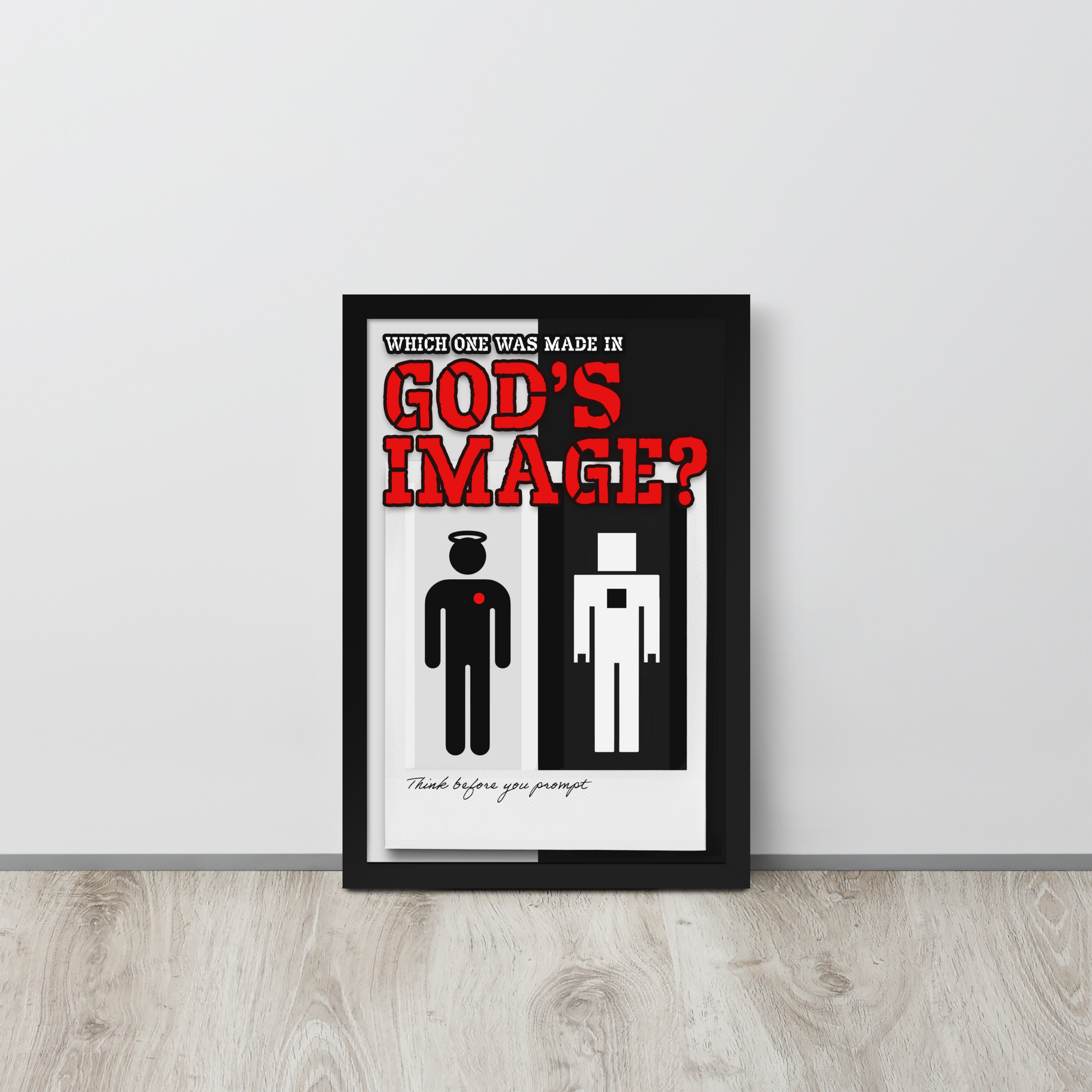 A framed minimalist art print leaning against a light gray wall on a light wood floor. The print features a black background with bold red text reading 'GOD'S IMAGE?' and two simple human figures in black and white with small red heart accents.