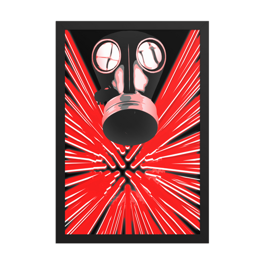 A framed art print featuring a stylized black gas mask centered against a vibrant red and black radial burst background