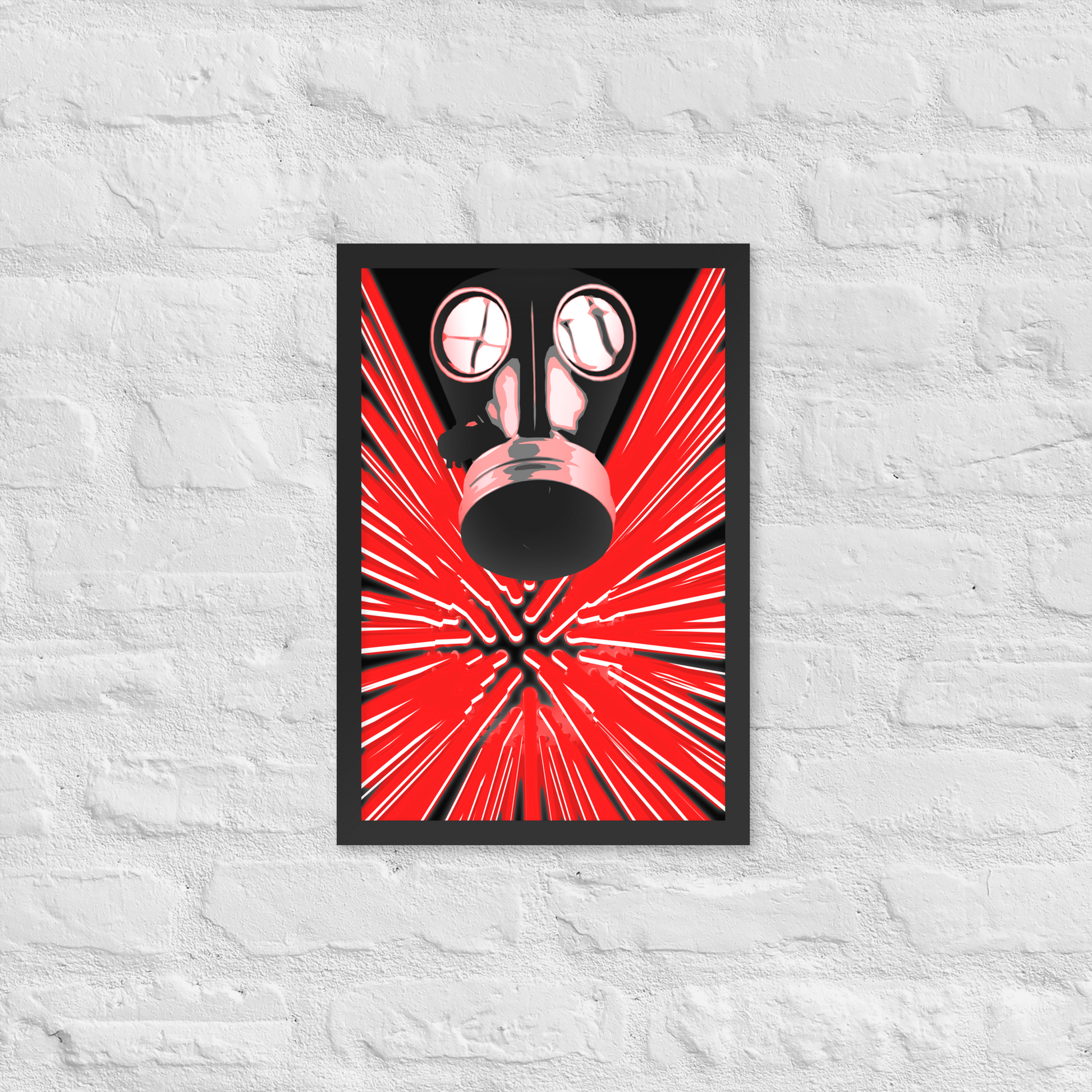 A framed art print featuring a stylized red and black graphic design with circular elements, displayed on a white brick wall.