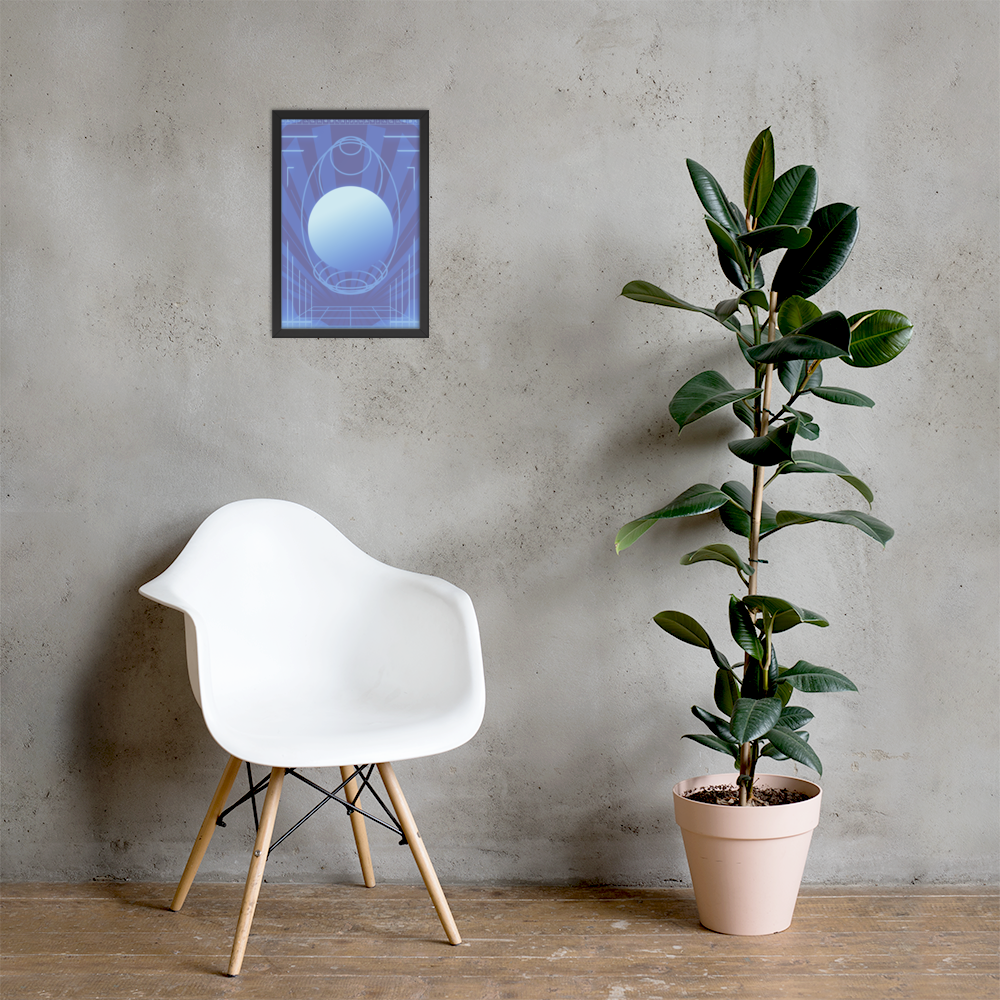 12x18 blue poster with retro scifi design hanging on a concrete wall next to large potted plant and white chair