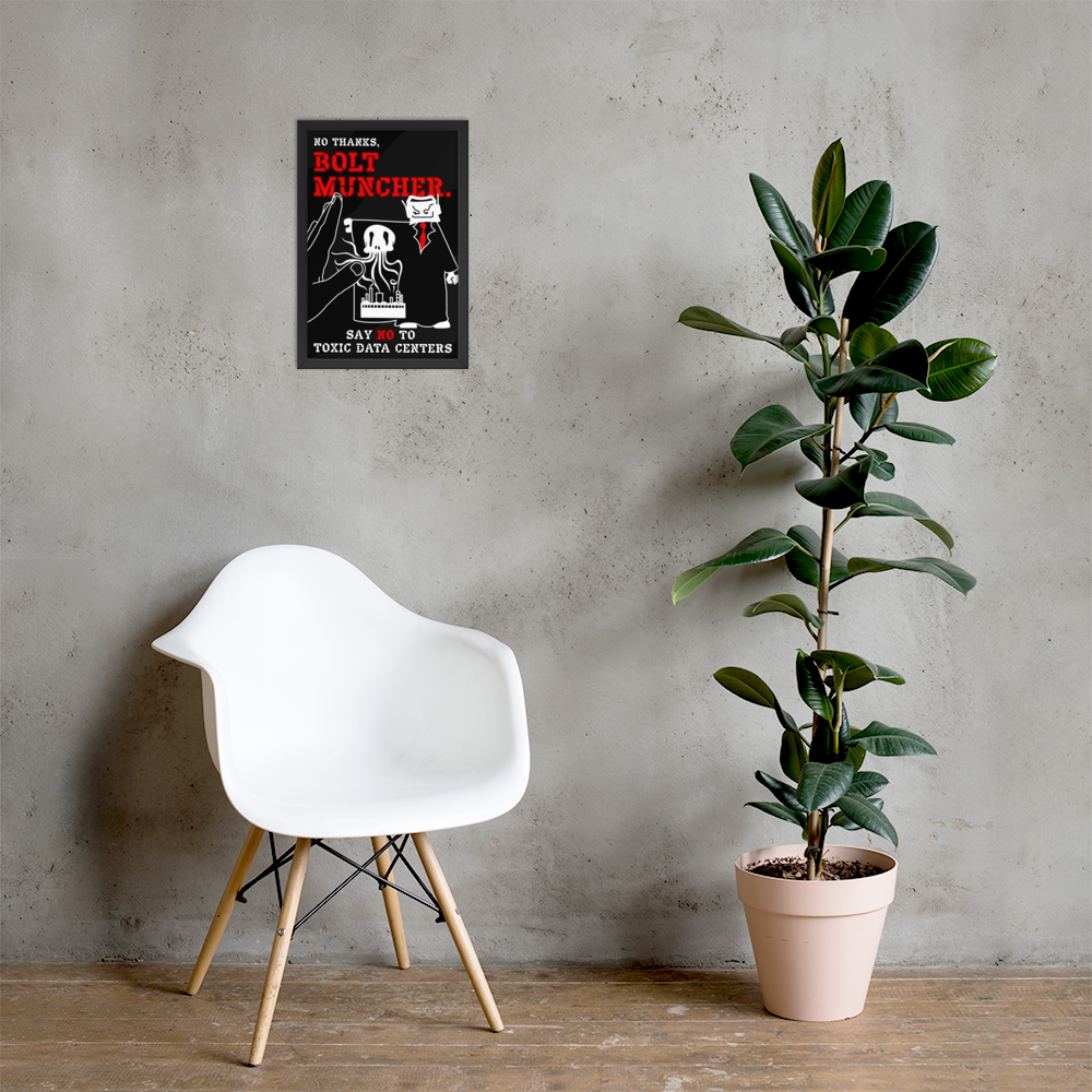White chair and potted plant against a gray wall with a small black and red artwork.