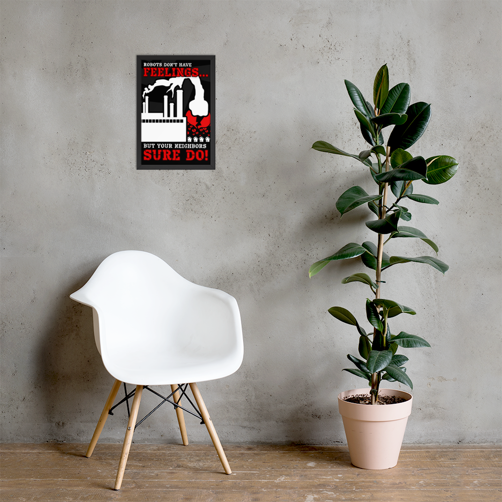 A framed motivational poster with a black, white, and red industrial theme hangs on a textured gray wall above a white molded chair and a potted fiddle-leaf fig plant.