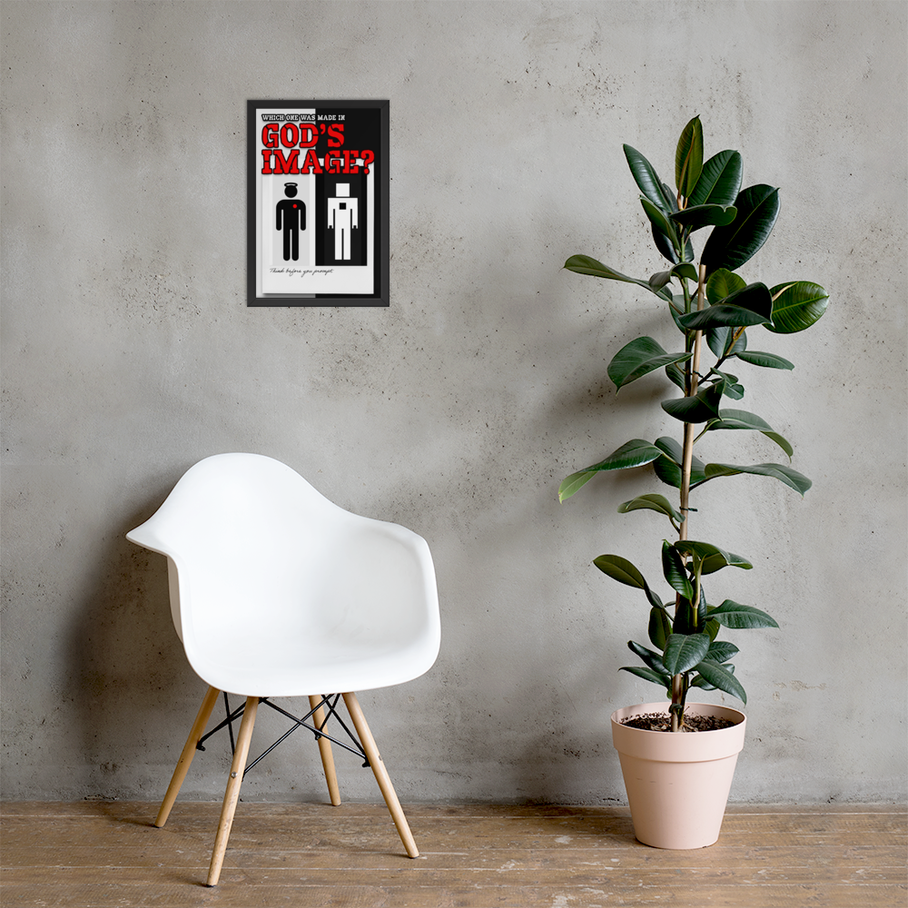 A framed poster of the movie 'God's Image' hanging on a textured gray wall above a white molded chair and next to a potted rubber plant.