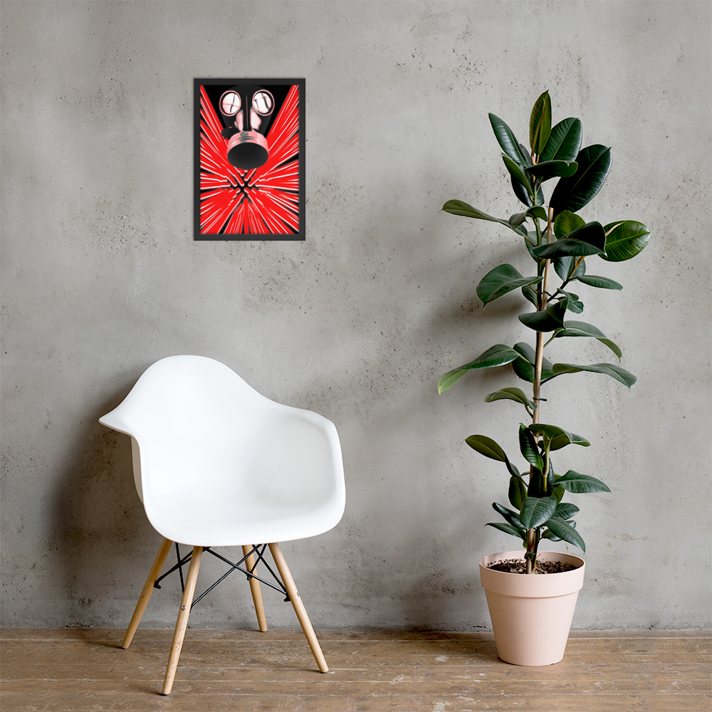 A framed wall art print featuring a stylized red and black gas mask on a gray concrete wall, above a white molded chair and next to a potted fiddle-leaf fig plant.