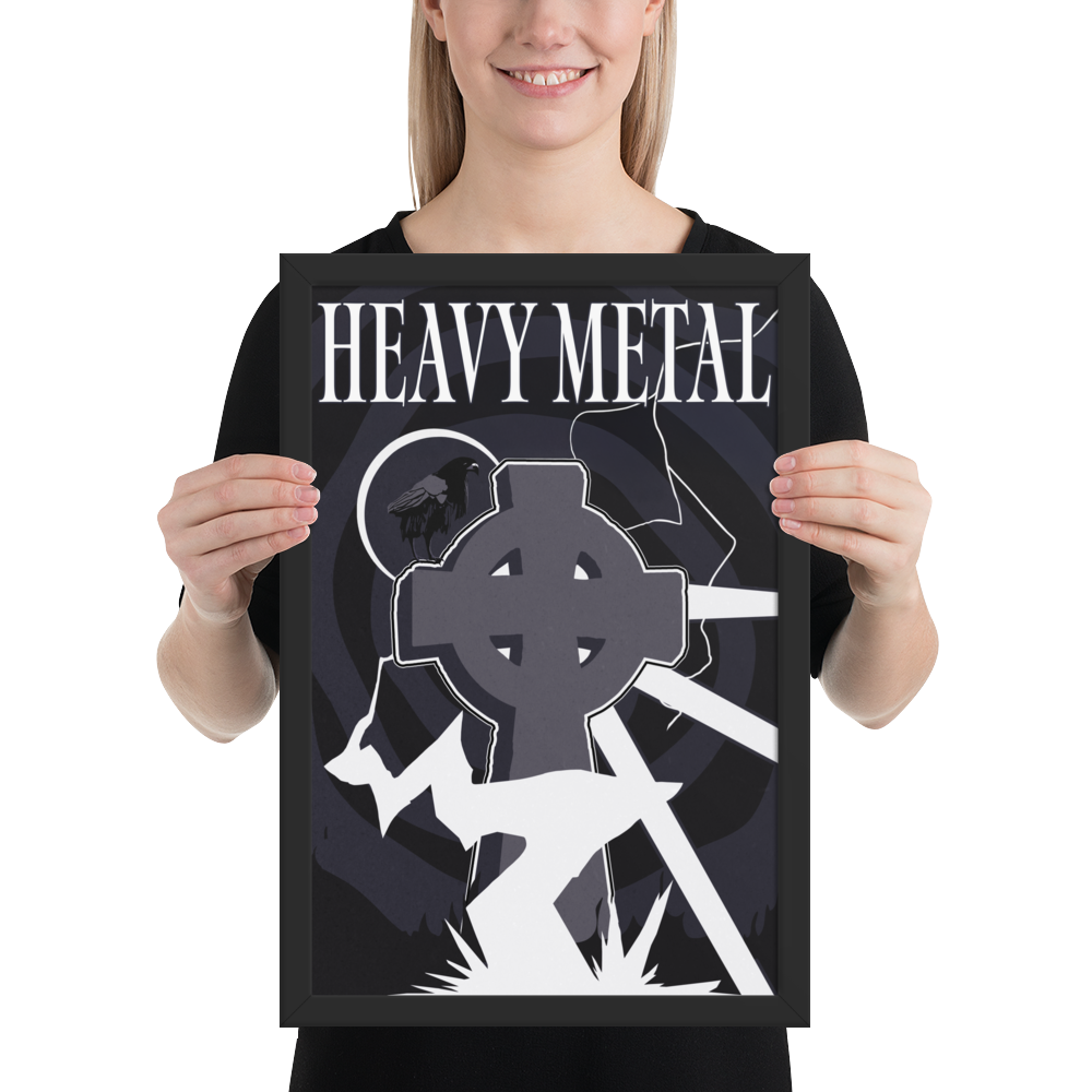 Person holding a framed poster with 'Heavy Metal' design