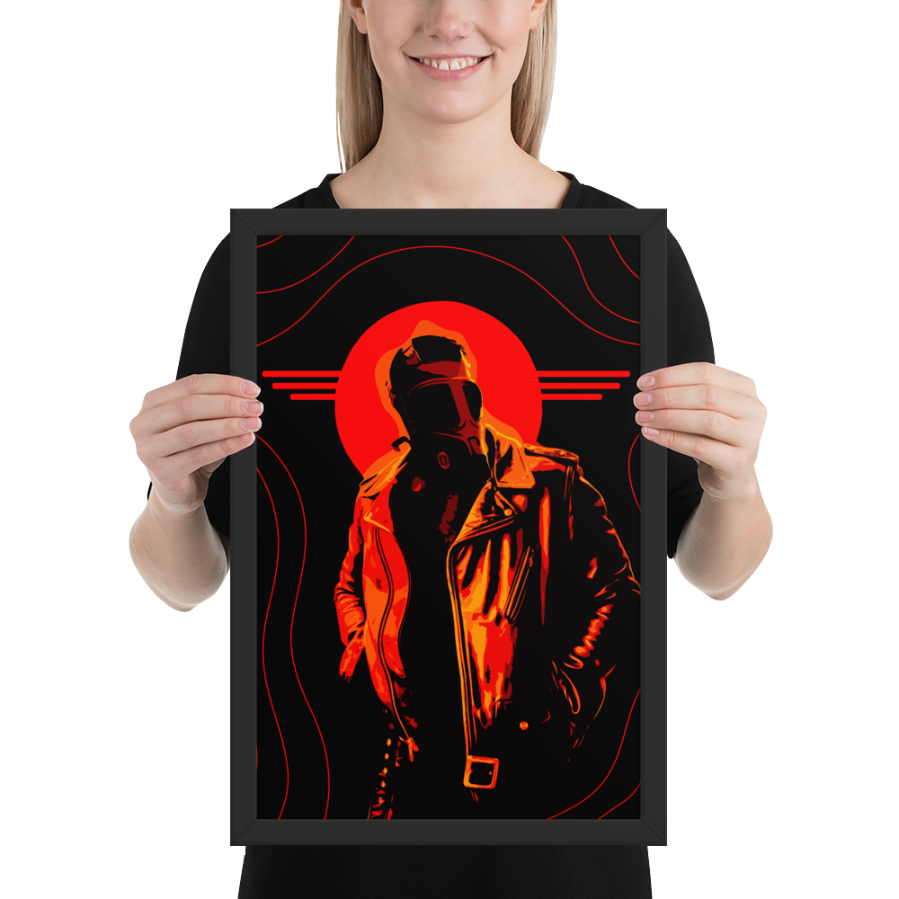 Person holding a 12x18 framed artwork with a stylized silhouette of a person in an orange circle on a black background.