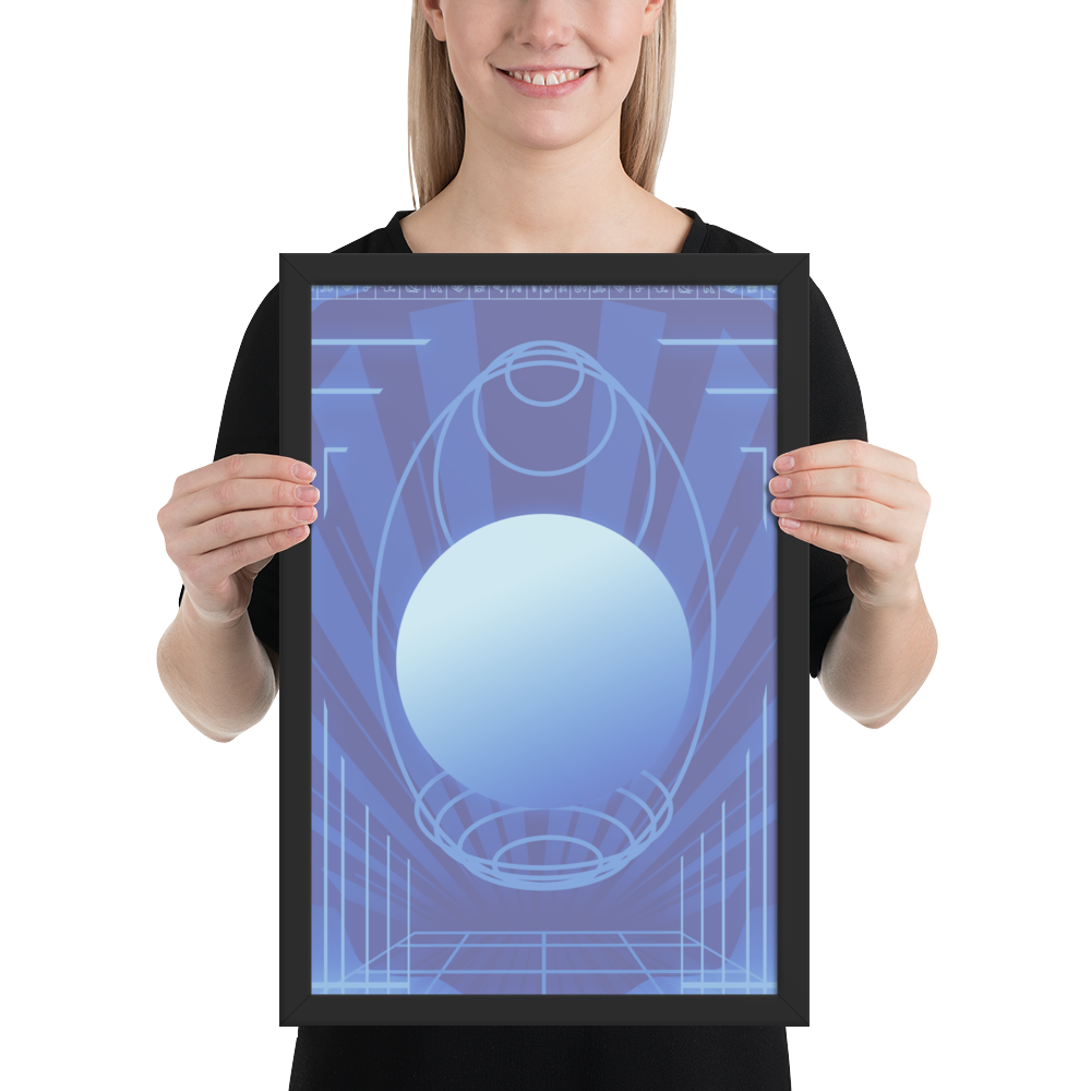 12x18 blue poster with retro scifi design being held by a smiling woman
