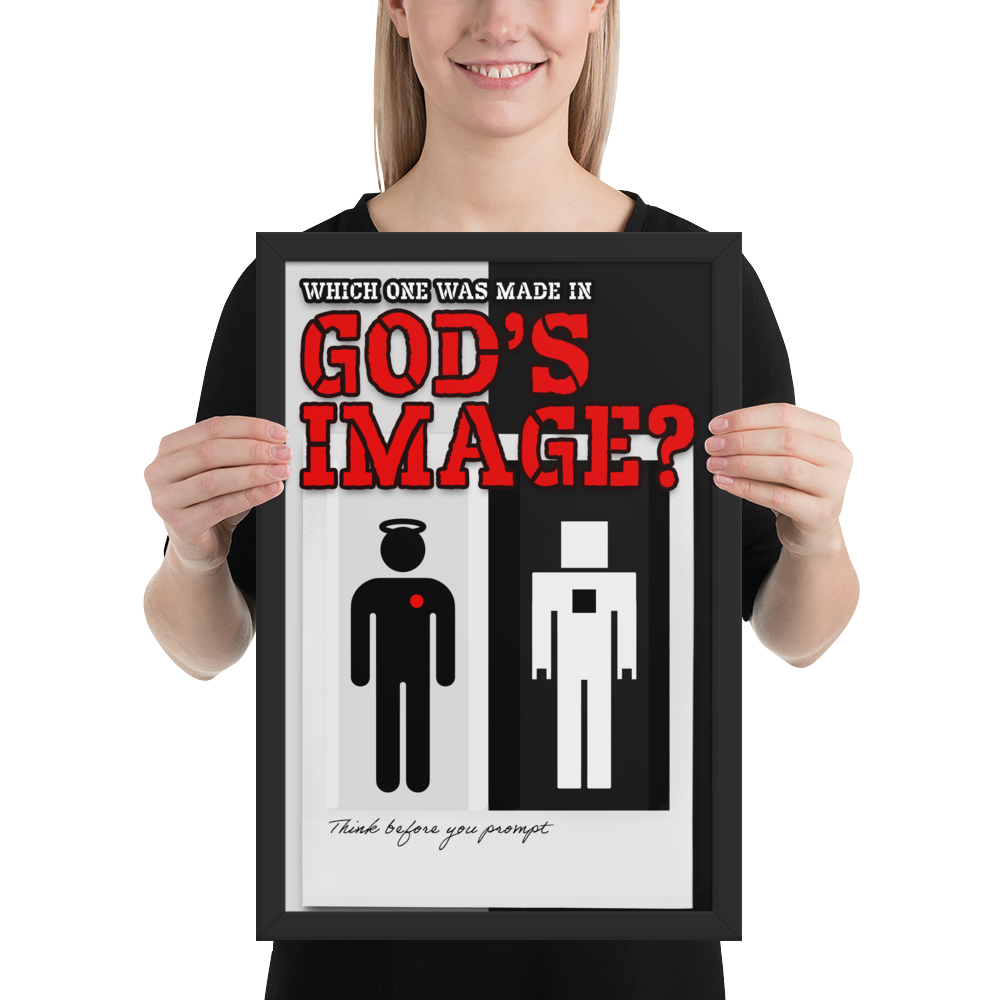 A woman holding a framed minimalist art print with the text 'WHICH ONE WAS MADE IN GOD'S IMAGE?' and black-and-white human figures with a red accent, against a plain white background.