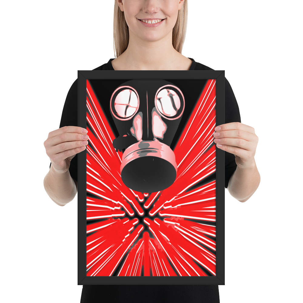 A woman holding a framed art print featuring a stylized red and black gas mask with radiating red lines