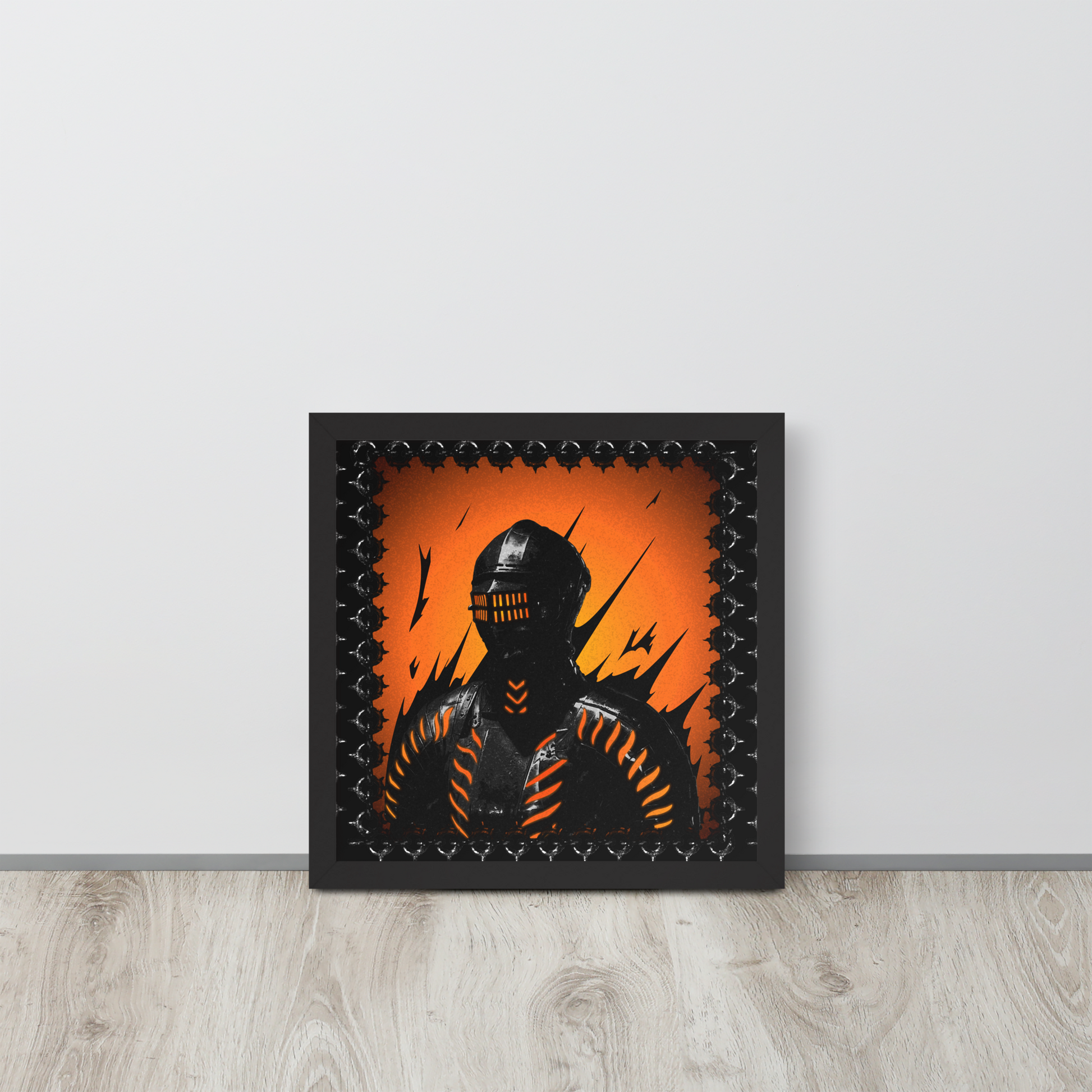 Framed artwork of a knight silhouette with an orange background on a light gray wall.