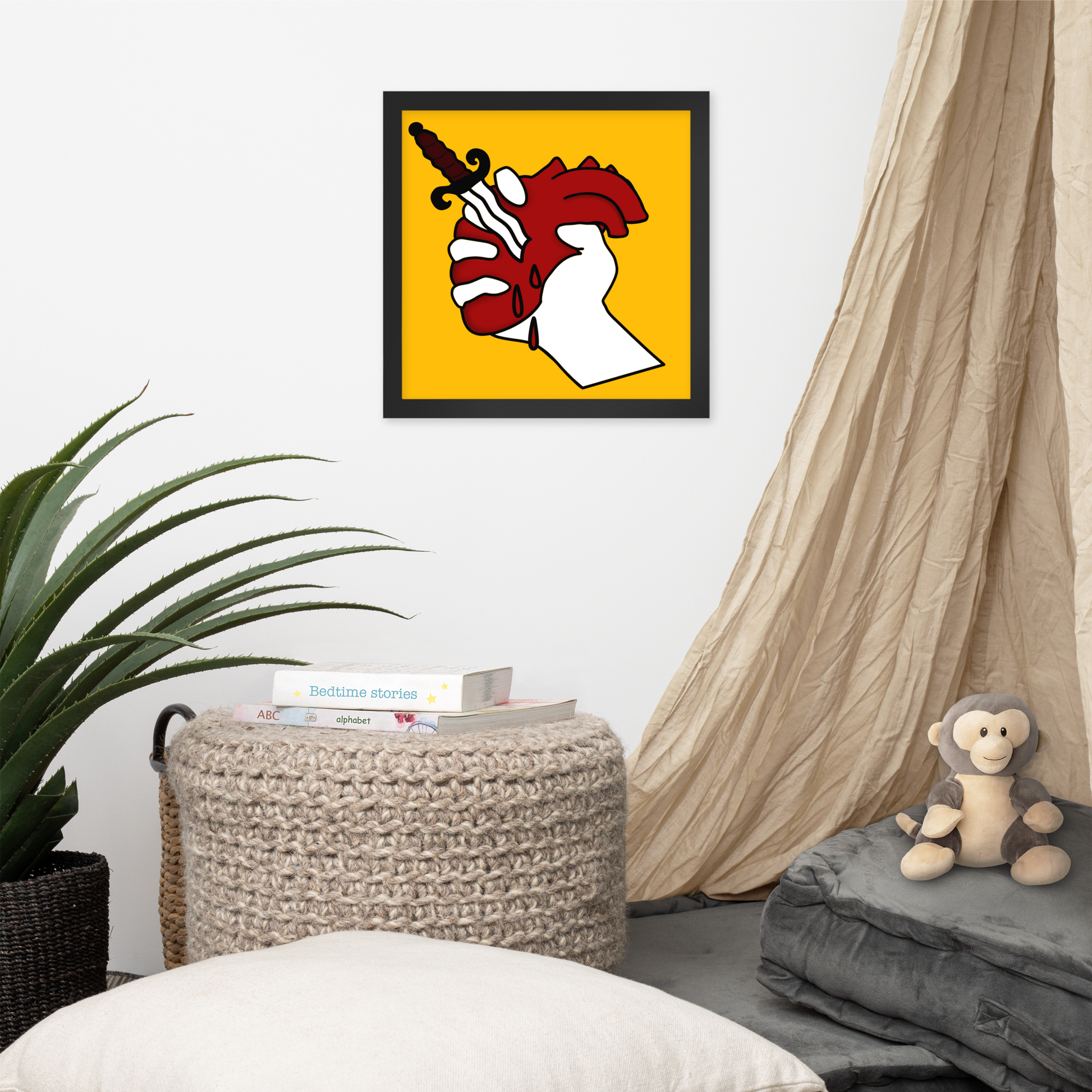 Room interior with a framed artwork on the wall, a plant, a woven basket, and a plush monkey toy.