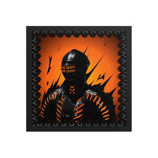 Silhouette of a warrior in armor with orange and black design on a white background