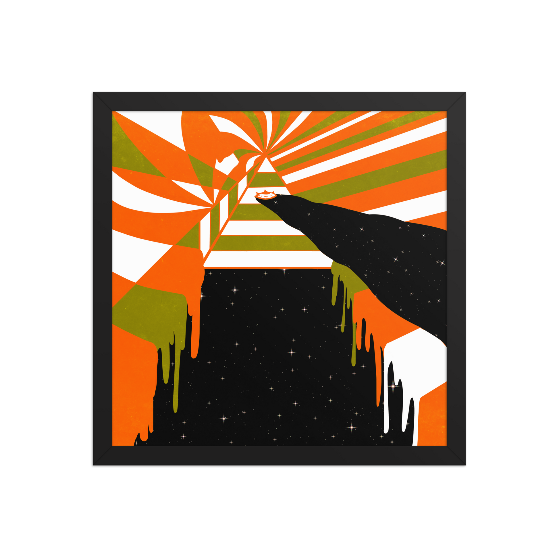 Abstract art print with orange, green, and black colors on a white background
