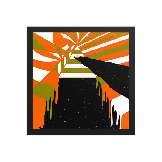 Abstract art print with orange, green, and black colors on a white background