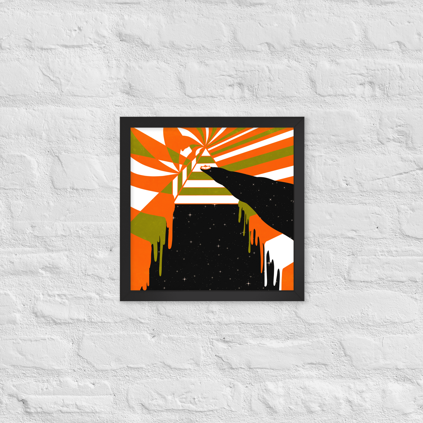 Abstract art print with orange, green, and black colors on a textured white wall.