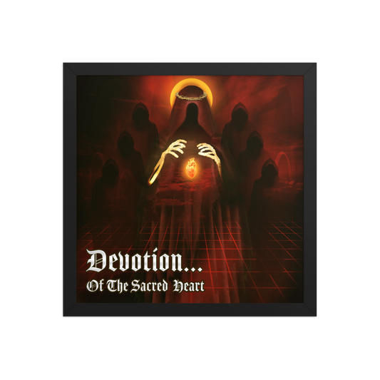 Artistic depiction of a figure holding a heart with text 'Devotion... Of The Sacred Heart' on a dark background.