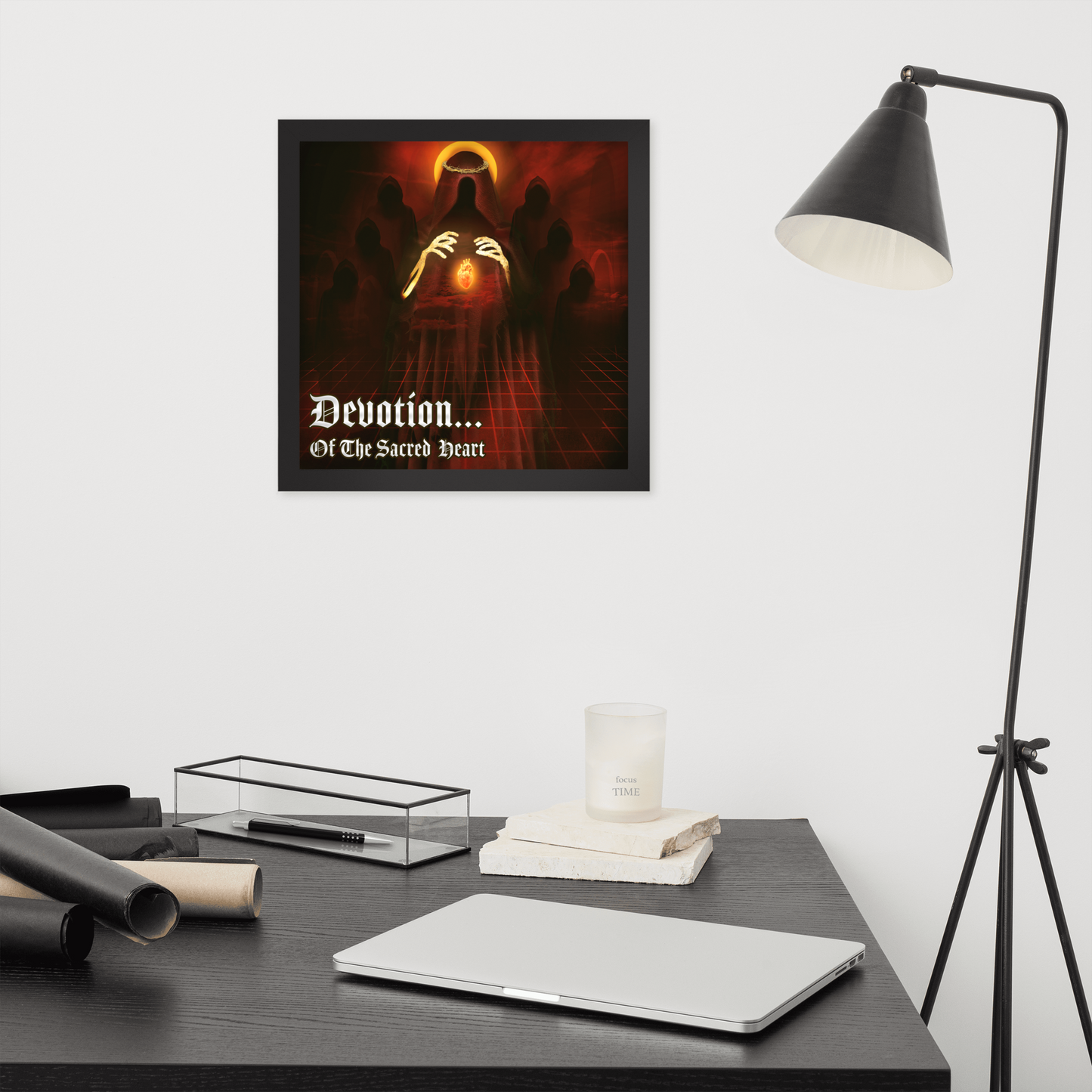 Dark Fantasy Heavy metal artwork hanging over a desktop work area