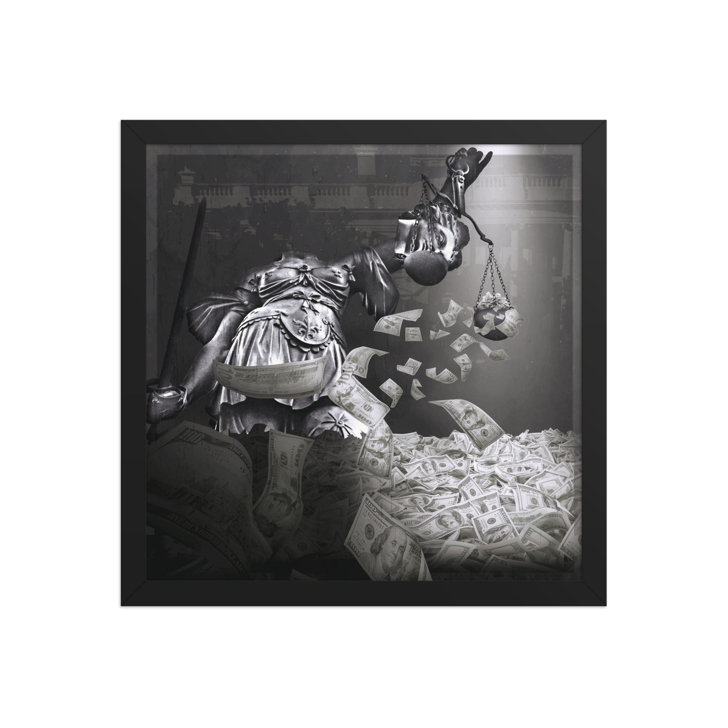 Black and white image of a statue of liberty with money and a sword, framed.