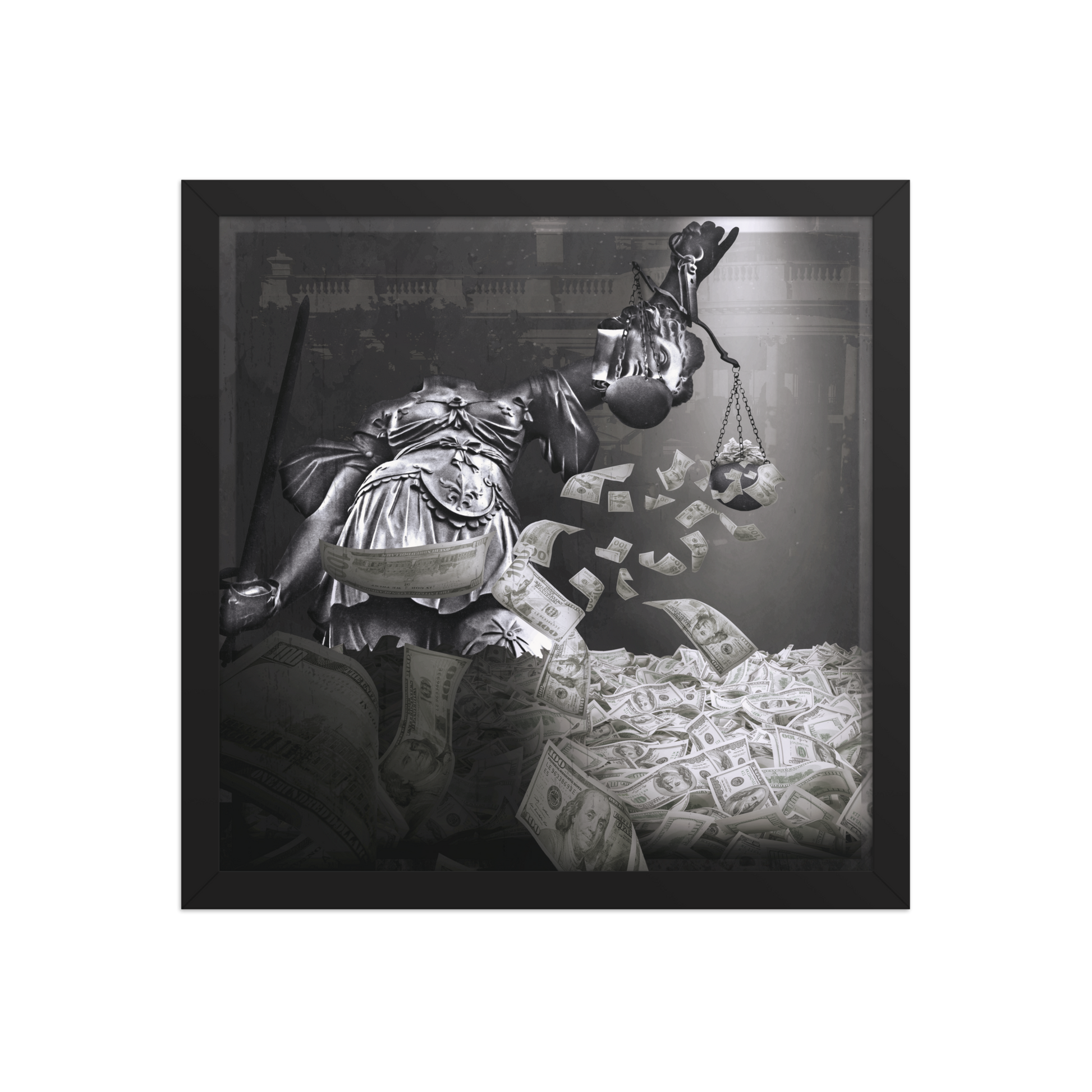 Black and white image of a statue of liberty with money and a sword, framed.