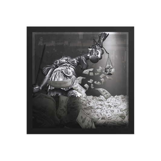 Black and white image of a statue of liberty with money and a sword, framed.