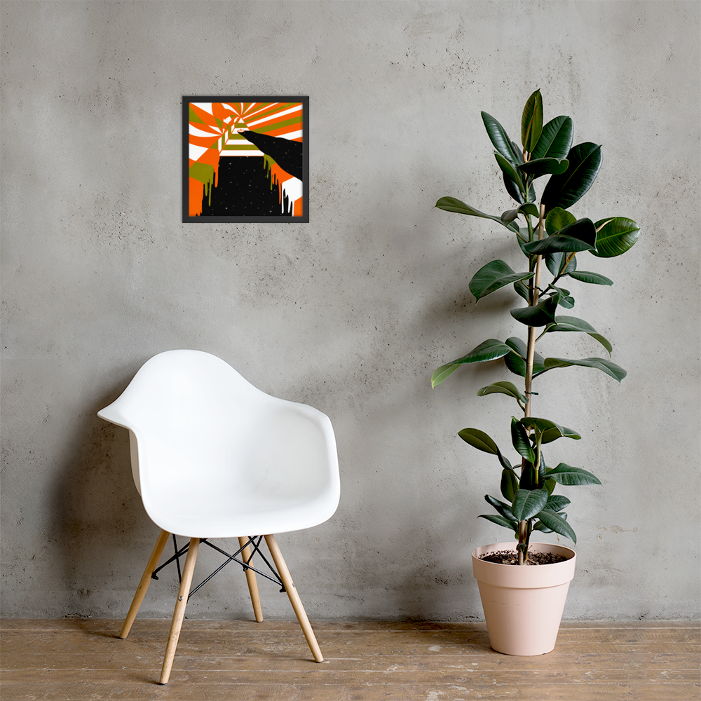 White chair next to a potted plant against a gray wall with a framed abstract painting.