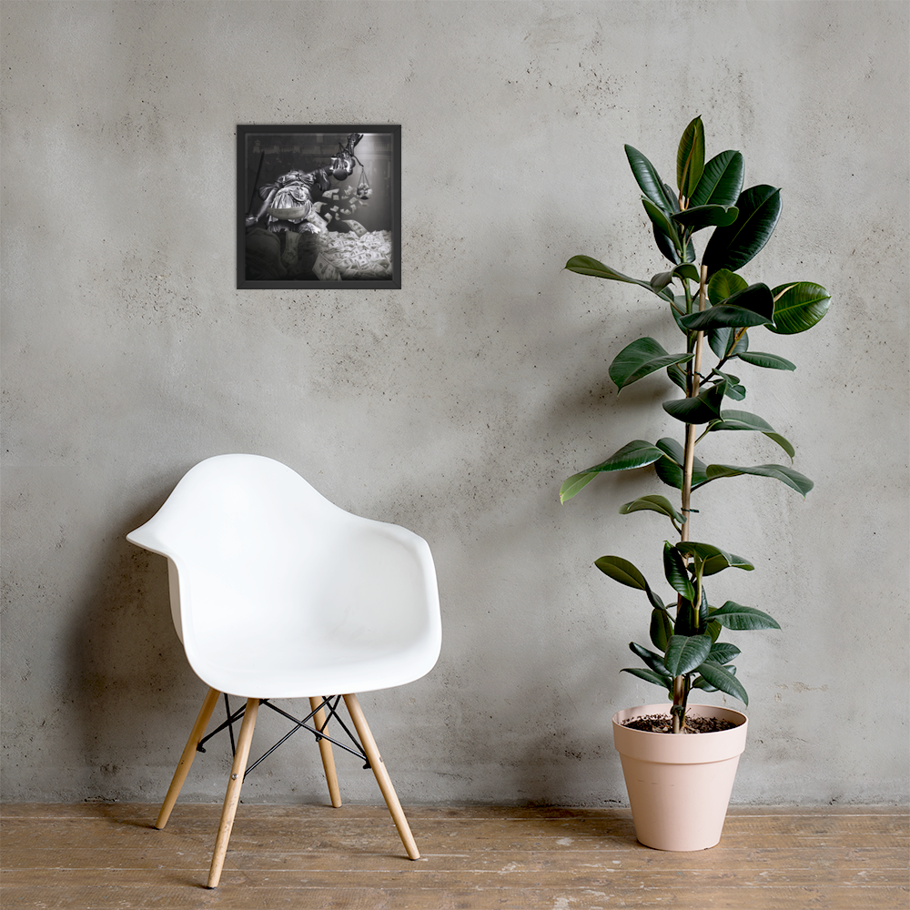 White chair and potted plant against a gray wall with a small black and red artwork.