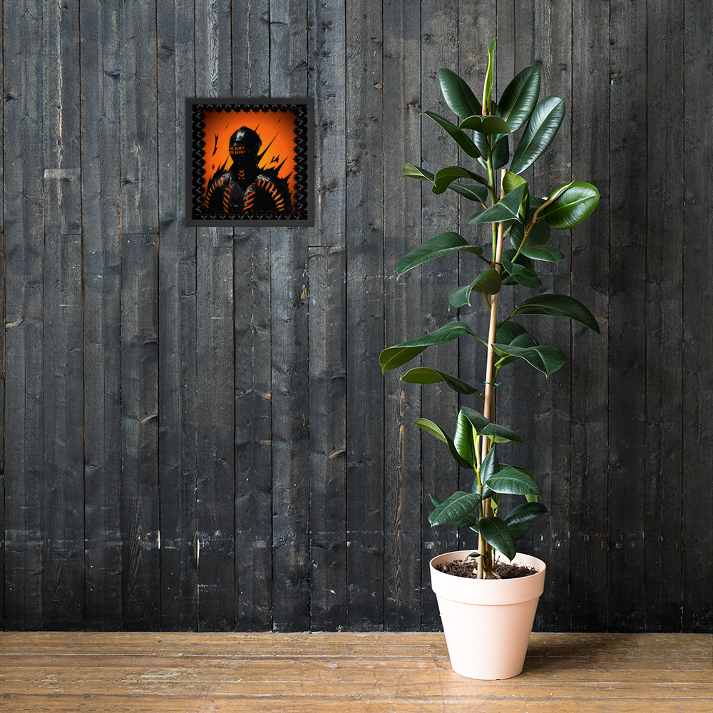 Potted plant on a wooden surface with a framed picture of a knight against an orange background on a wooden wall.
