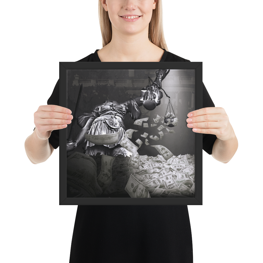 Person holding a framed artwork of a black and white depiction of a statue with scales and money.