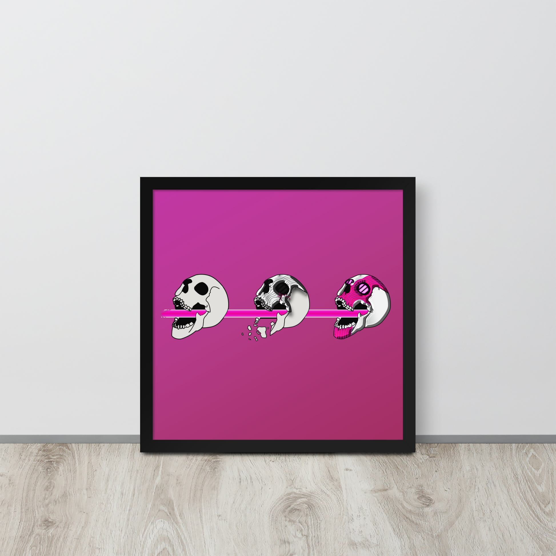 Framed 16x16 artwork with a pink background and black frame, featuring three stylized cyberpunk skull designs shooting a laser with purple and black details.