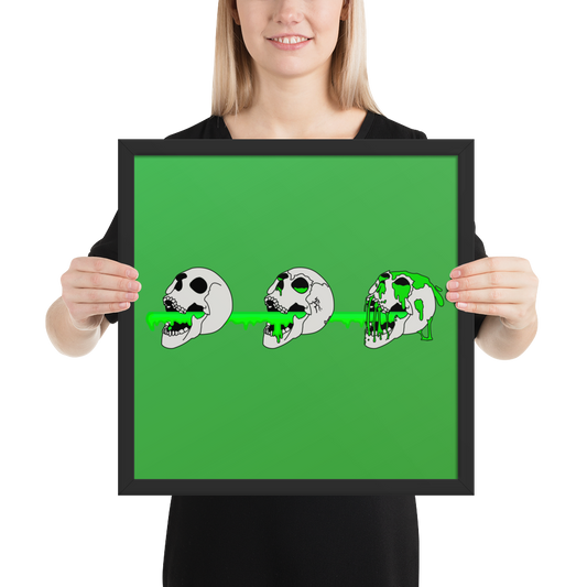 A woman holding a 16x16 framed poster of 3 skulls shooting green slime from their mouths with a gradient background in a horror style 