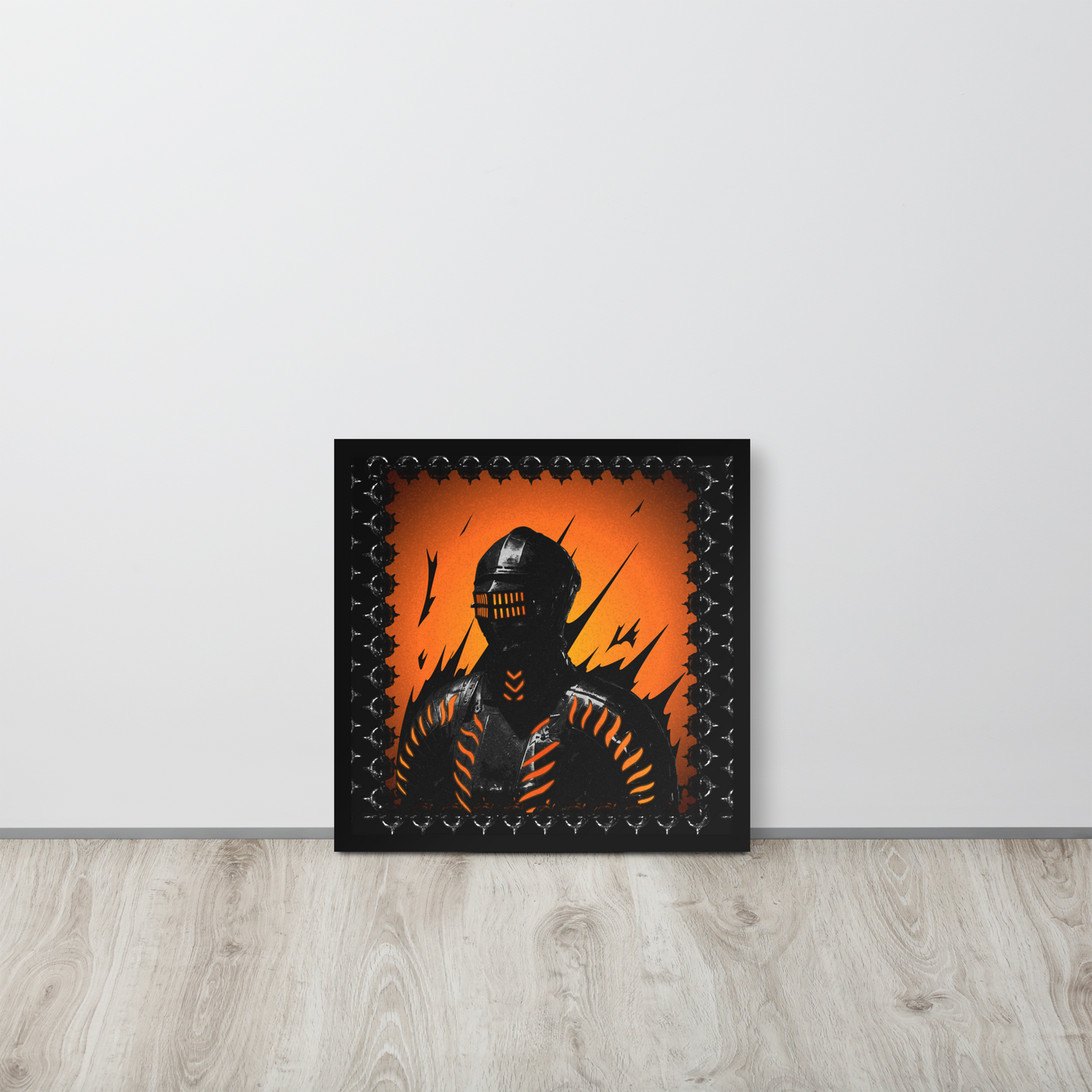 Framed artwork of a knight silhouette with an orange background on a white wall.