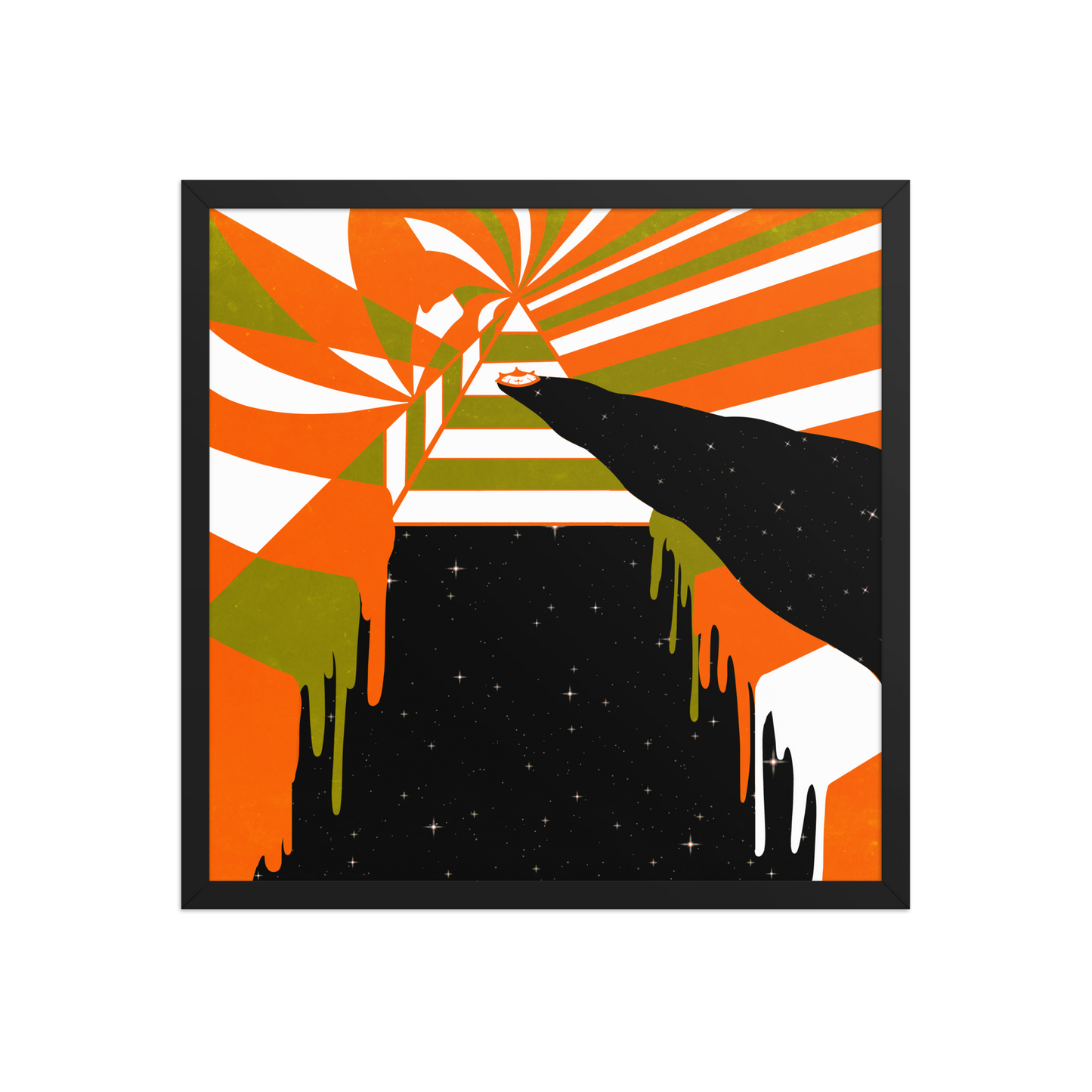 Abstract art piece with orange, green, and black colors on a white background