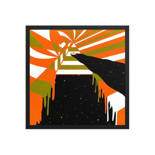 Abstract art piece with orange, green, and black colors on a white background