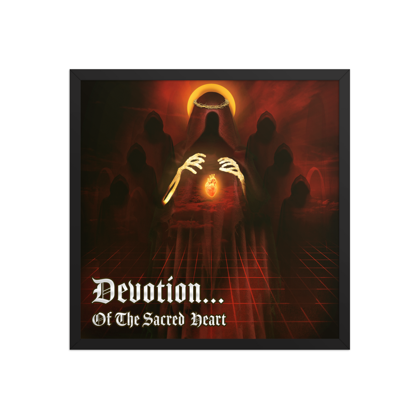 Artistic depiction of a figure with hands outstretched, surrounded by dark silhouettes, with text 'Devotion Of The Sacred Heart'