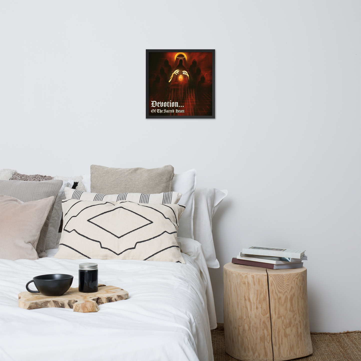 Framed Heavy Metal Artwork Hanging Over bedroom area