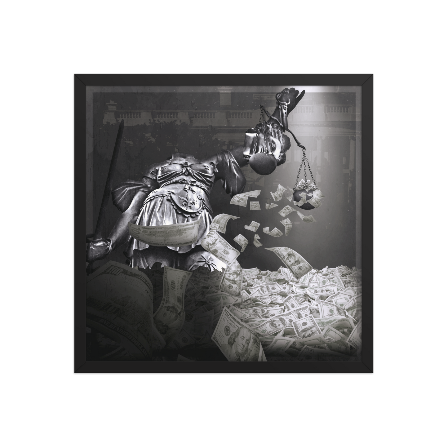 Black and white artwork of a figure holding money and a sword on a white background