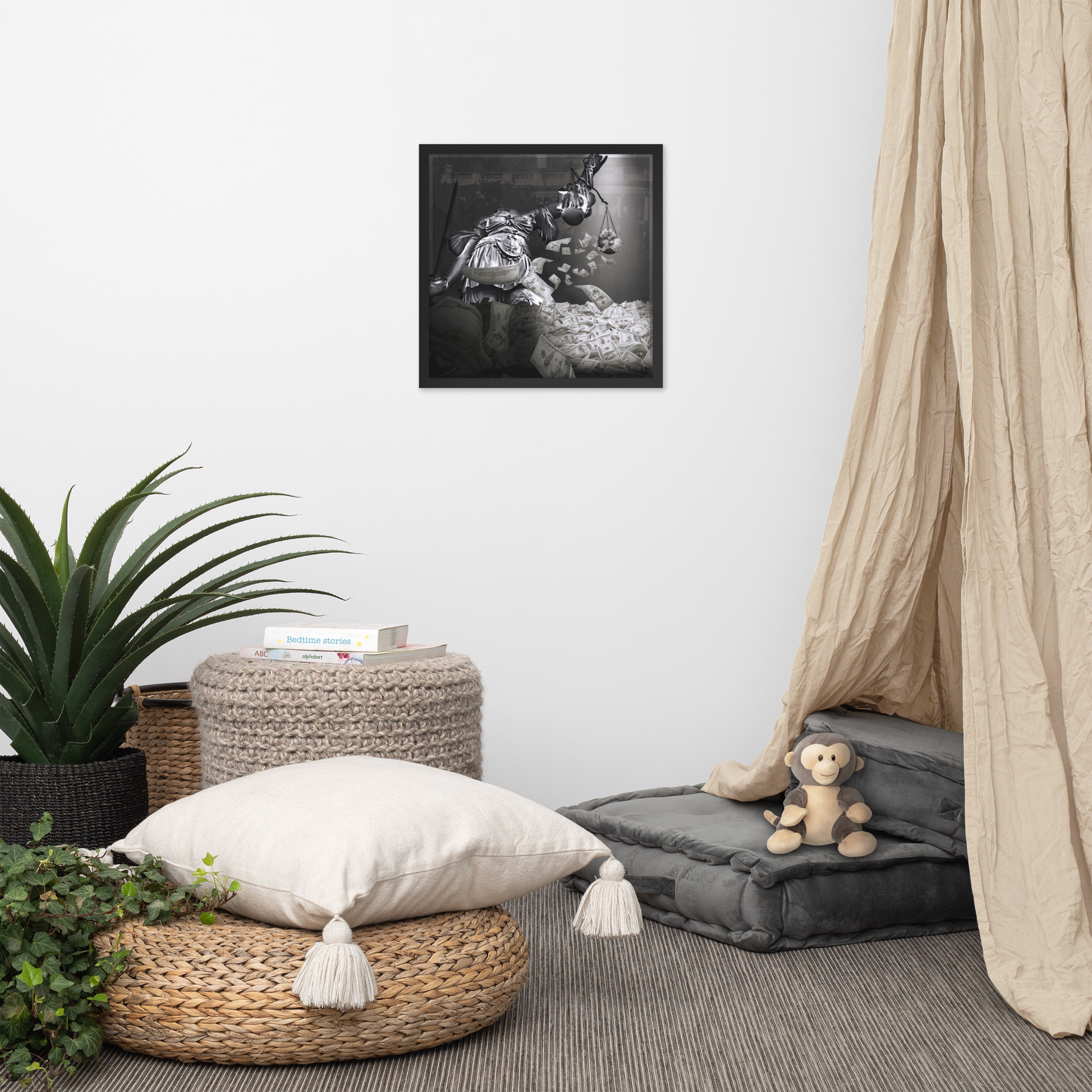 Cozy room with a pillow, ottoman, and decorative items on a neutral background