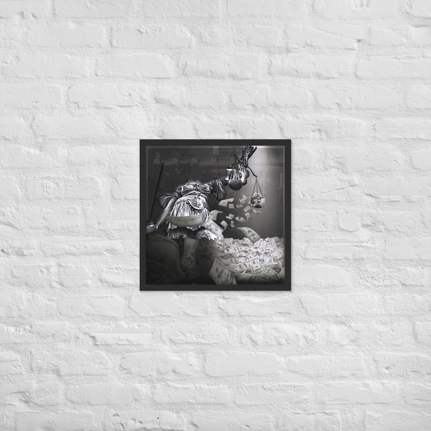 Framed artwork of a statue with money on a white brick wall
