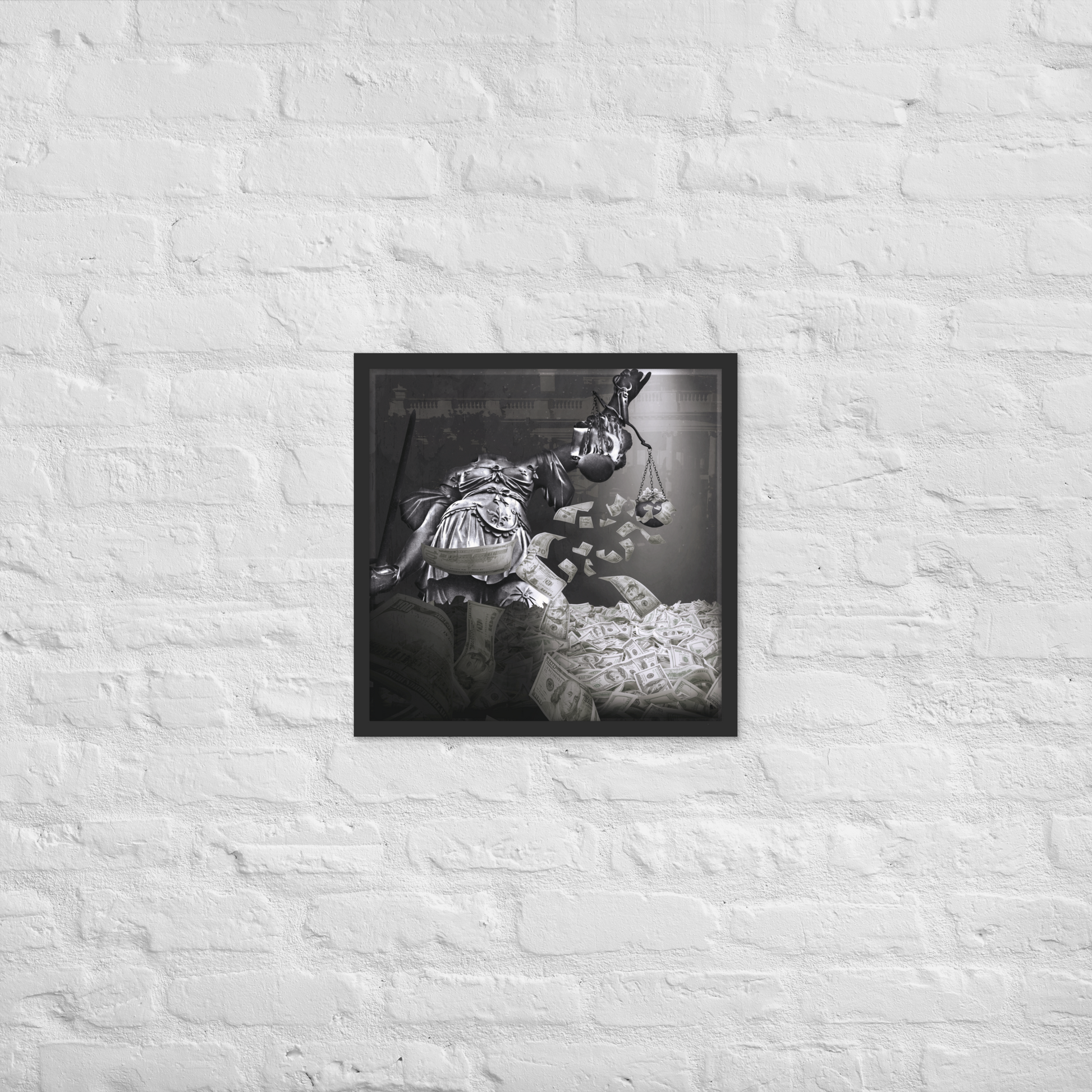 Framed artwork of a statue with money on a white brick wall