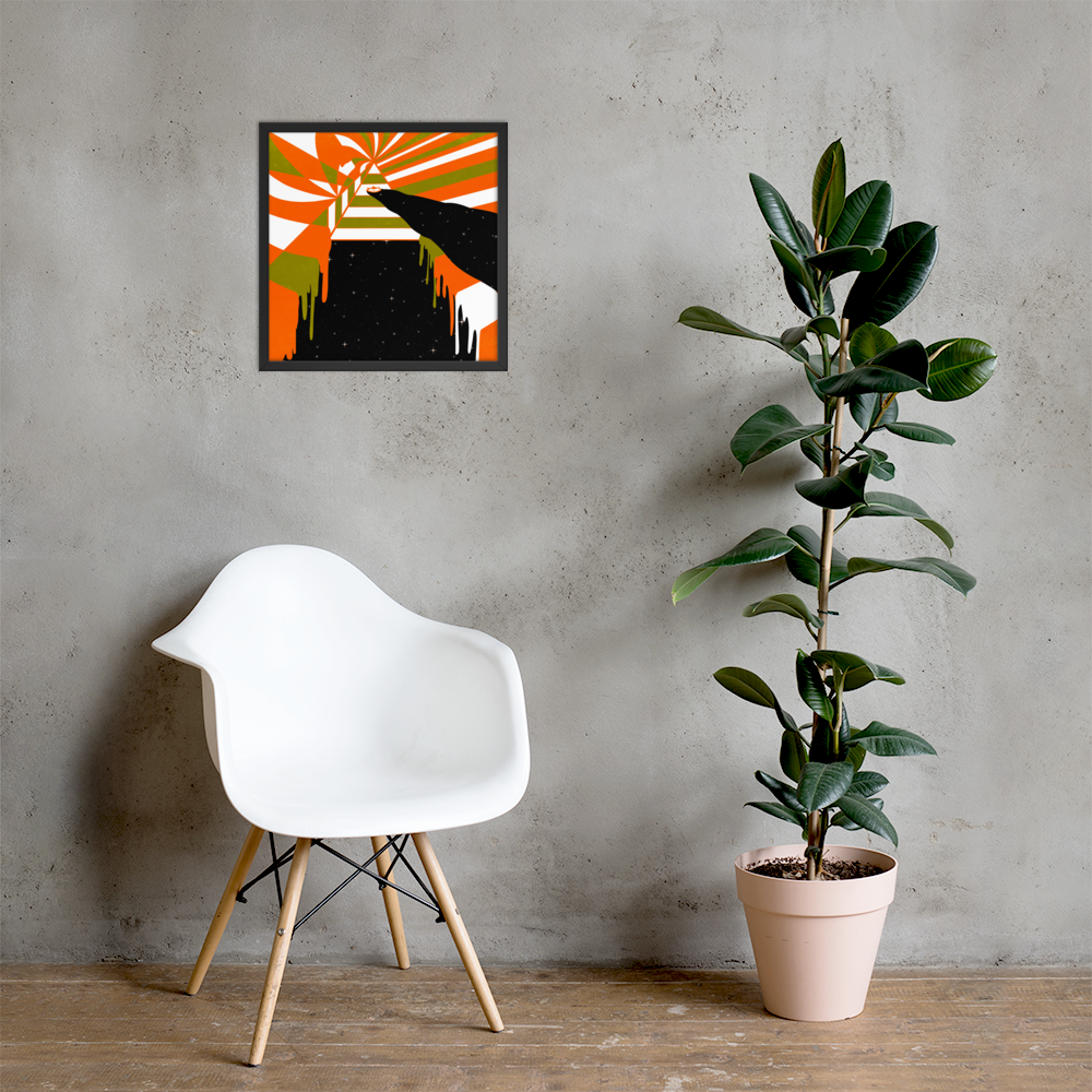 White chair next to a potted plant against a gray wall with a colorful abstract painting.
