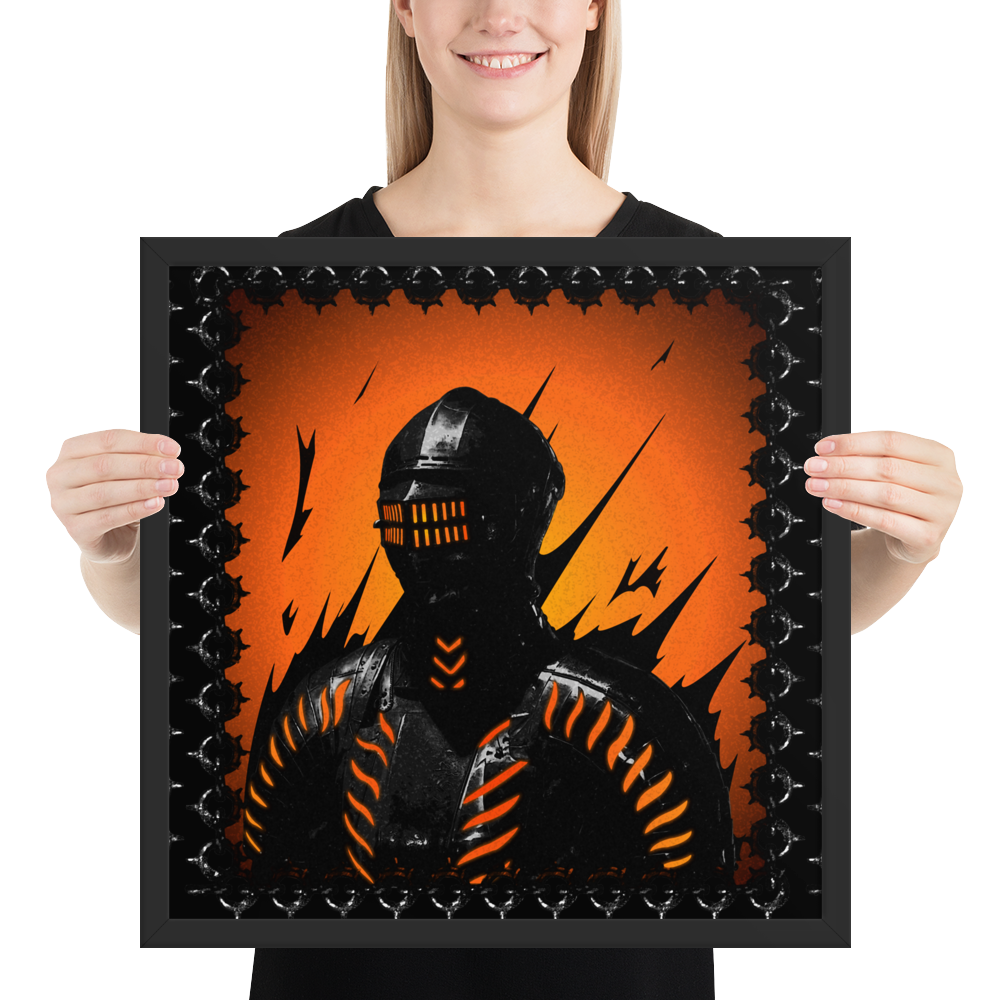 Person holding a framed artwork of a knight silhouette with orange and black design.