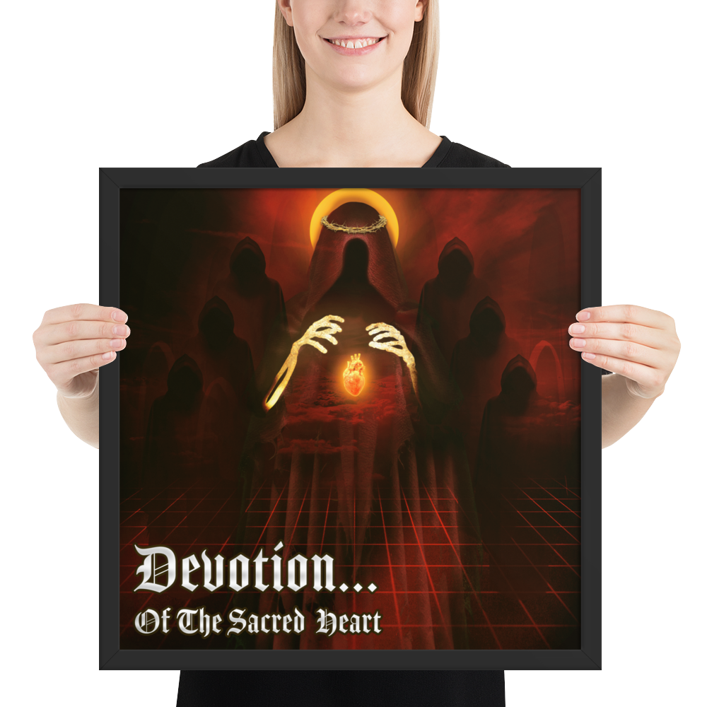 Person holding a framed artwork titled 'Devotion... Of The Sacred Heart' with a dark, religious theme.