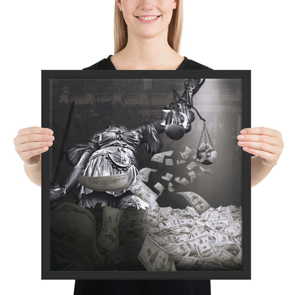 Person holding a framed artwork of a black and white depiction of Lady Justice with money around her
