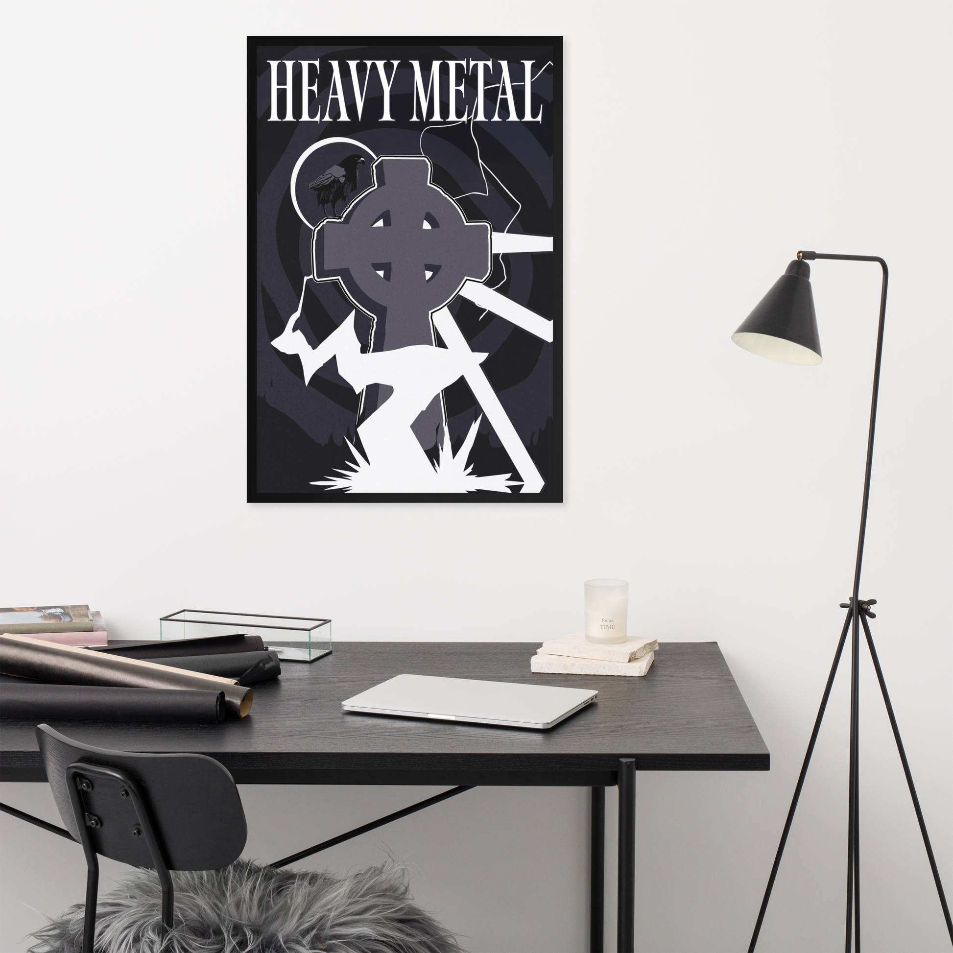 Poster with 'Heavy Metal' design on a wall above a desk.